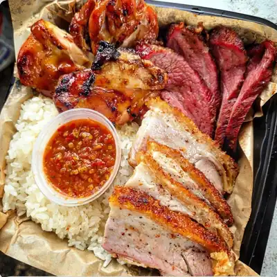 Tritip with chicken and crispy pork