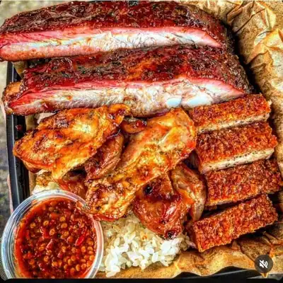 Smoked ribs, chicken, crispy pork